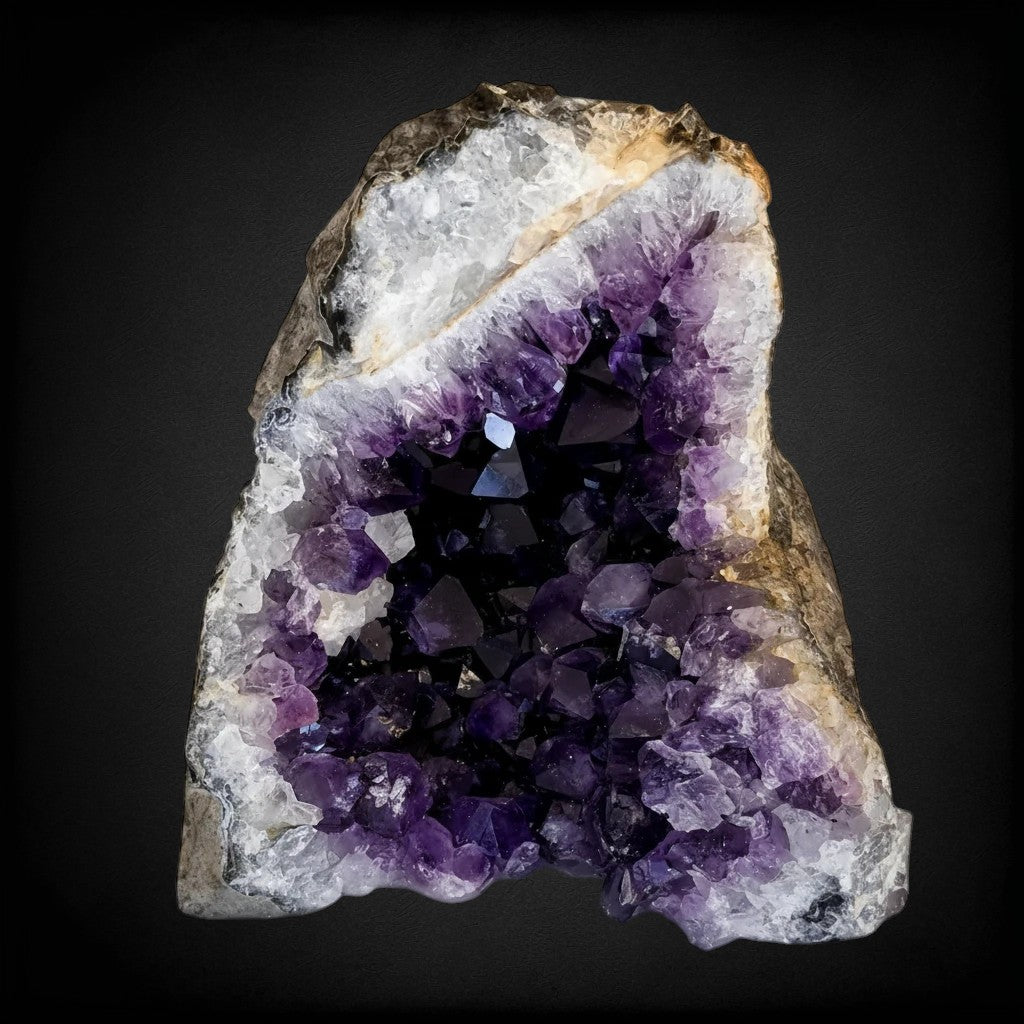 Ascendancy Gems deep purple amethyst cathedral with natural quartz framing and crystal points. Approx. 4" H x 3" W.