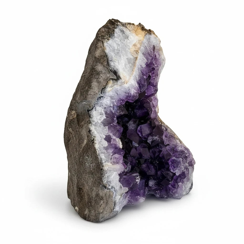 Ascendancy Gems deep purple amethyst cathedral with natural quartz framing and crystal points. Approx. 4" H x 3" W.