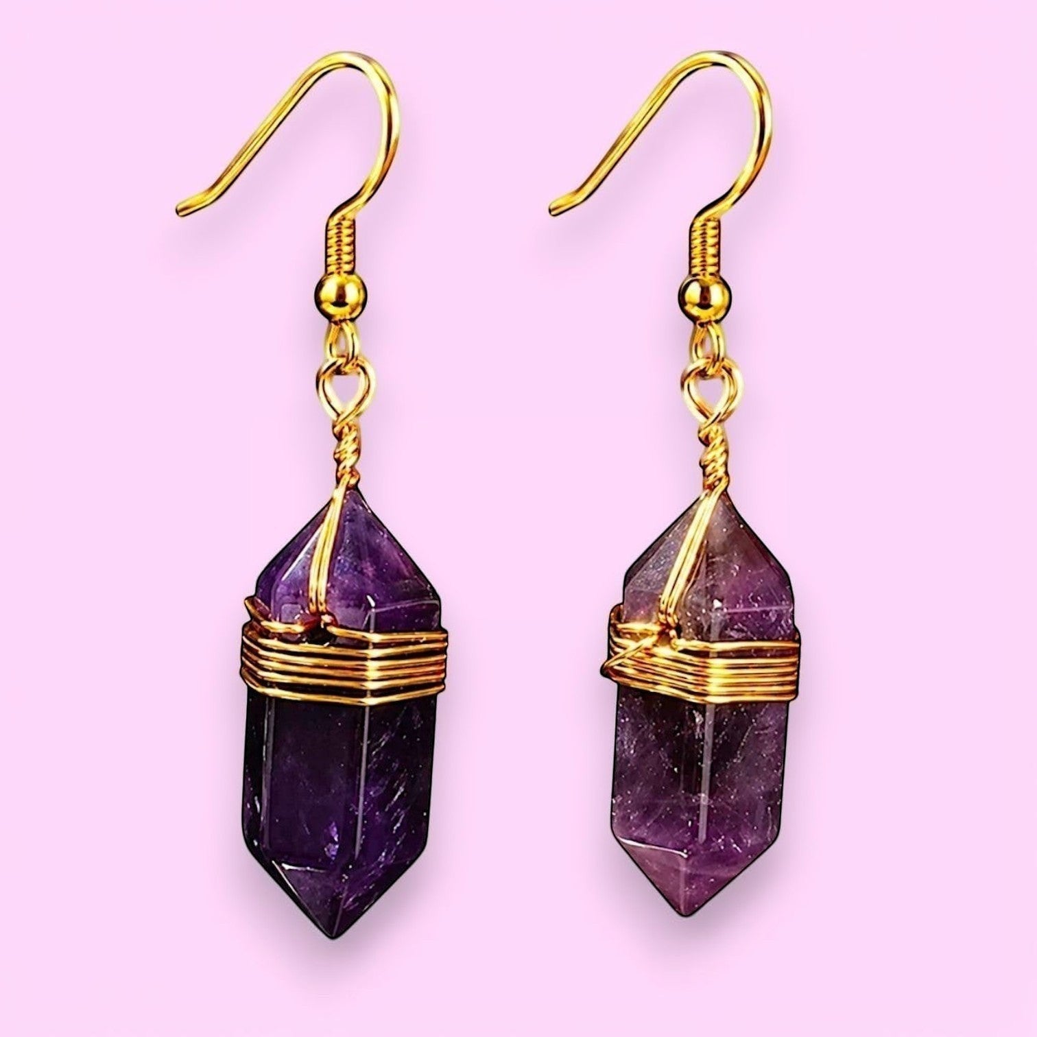 Ascendancy Gems Celestial Amethyst Collection dangling earrings with gold-tone wire-wrapped amethyst crystal points.