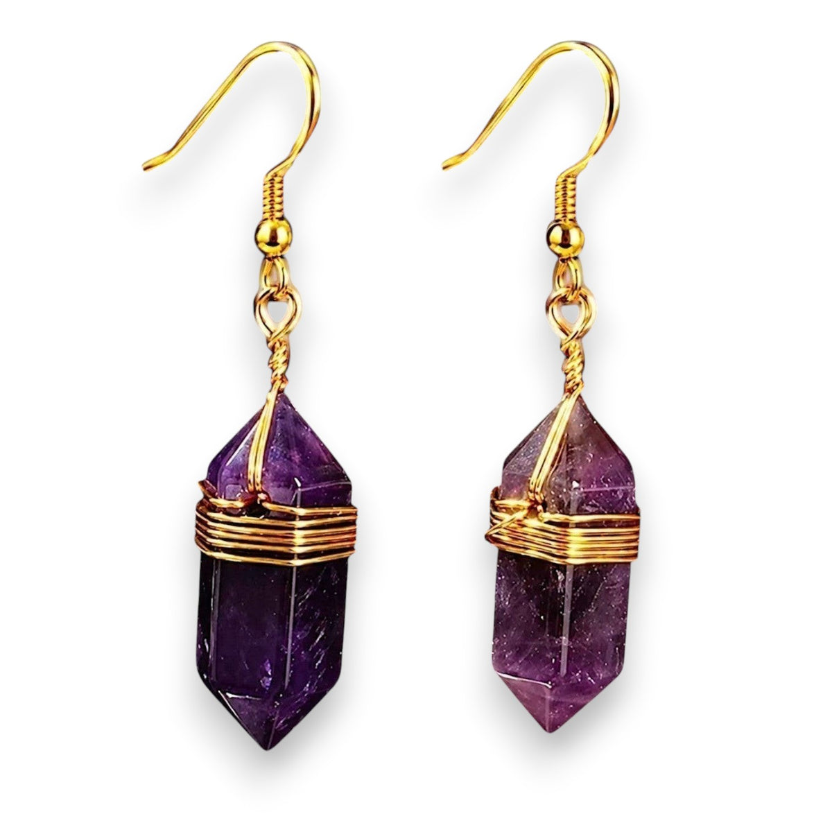 Ascendancy Gems Celestial Amethyst Collection dangling earrings with gold-tone wire-wrapped amethyst crystal points.