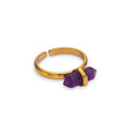 Ascendancy Gems gold ring with a double-terminated amethyst crystal set horizontally. Adjustable band.