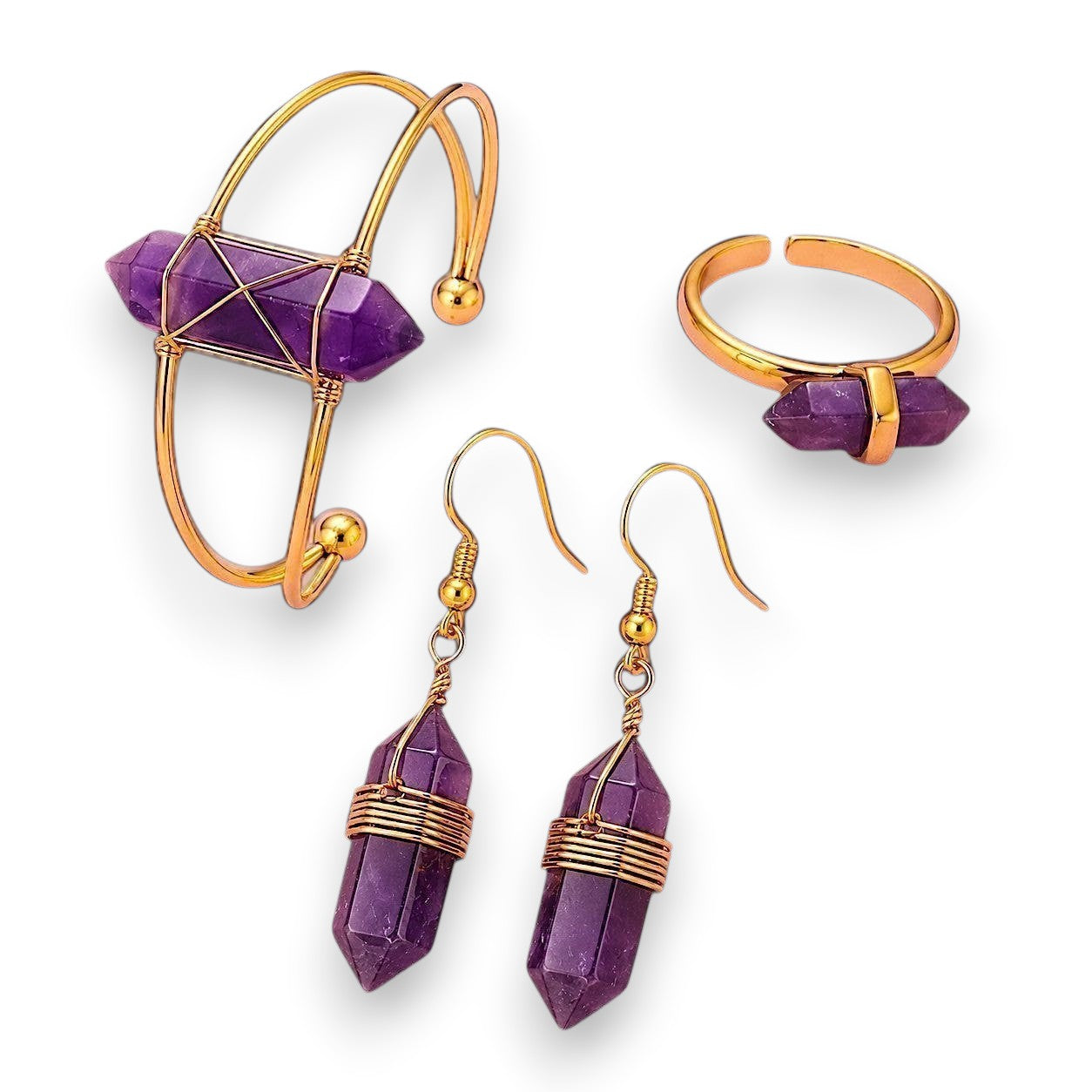Ascendancy Gems Celestial Amethyst Collection: gold-tone bracelet, ring, and earrings with purple amethyst crystal points.