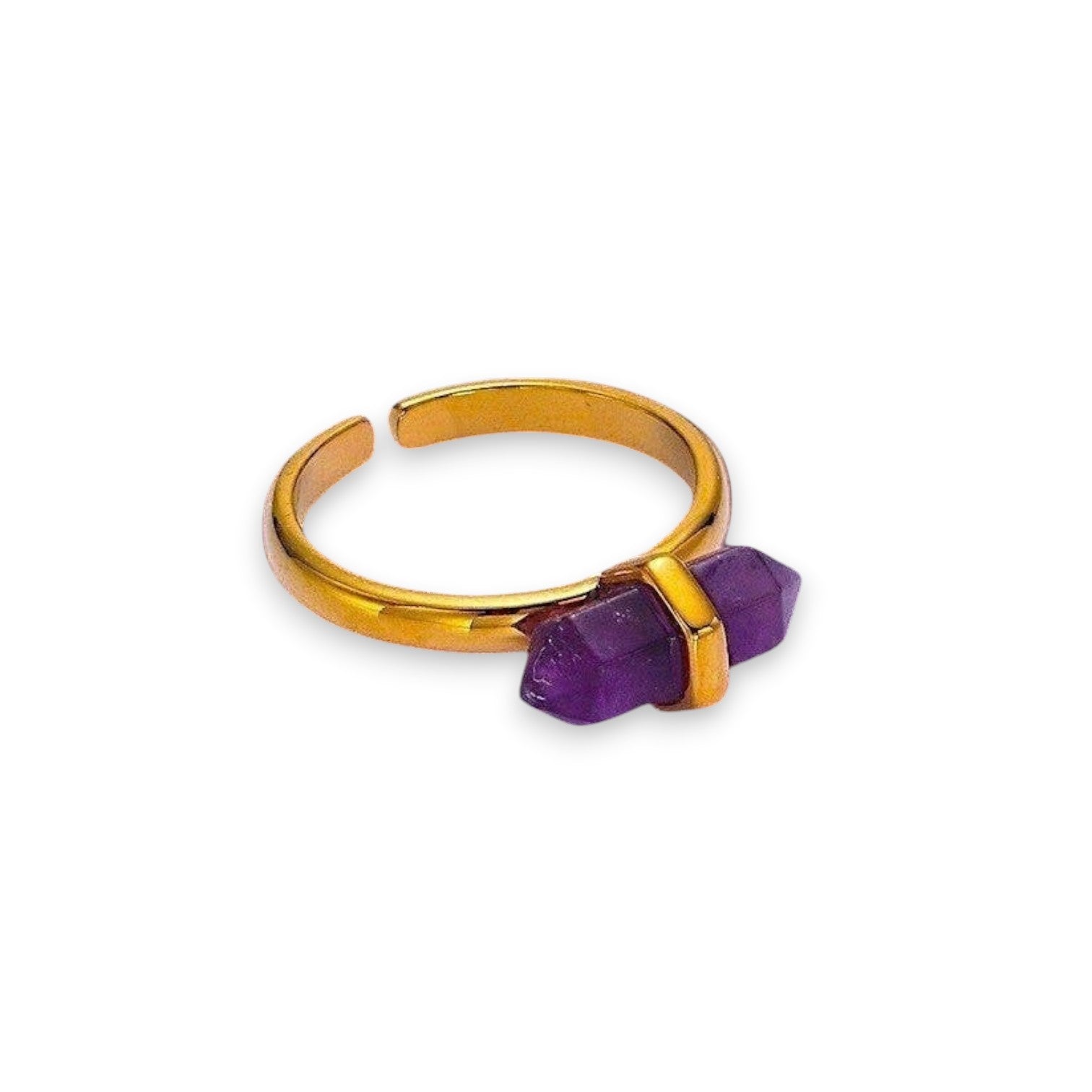 Ascendancy Gems Celestial Amethyst Collection adjustable gold-tone ring with a double-terminated amethyst crystal.