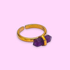 Ascendancy Gems Celestial Amethyst Collection adjustable gold-tone ring with a double-terminated amethyst crystal.
