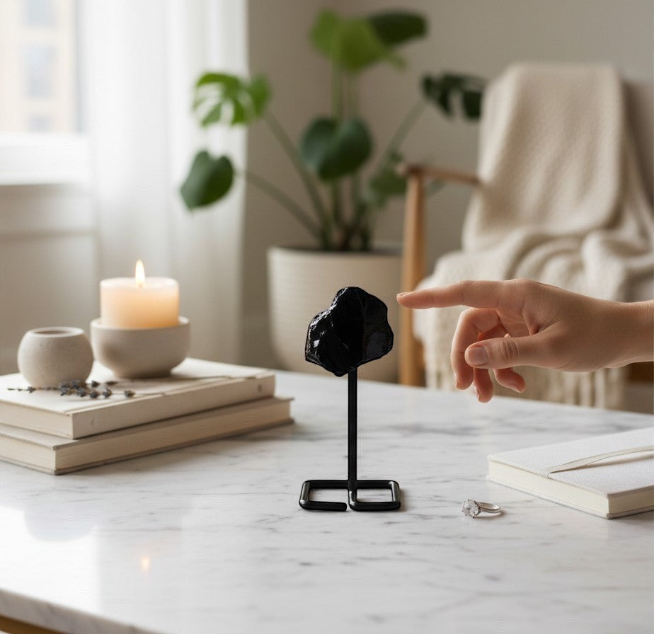 Ascendancy Gems black obsidian raw crystal on minimalist metal stand, approx. 4 inches tall.