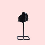 Ascendancy Gems black obsidian raw crystal on minimalist metal stand, approx. 4 inches tall, for home décor.