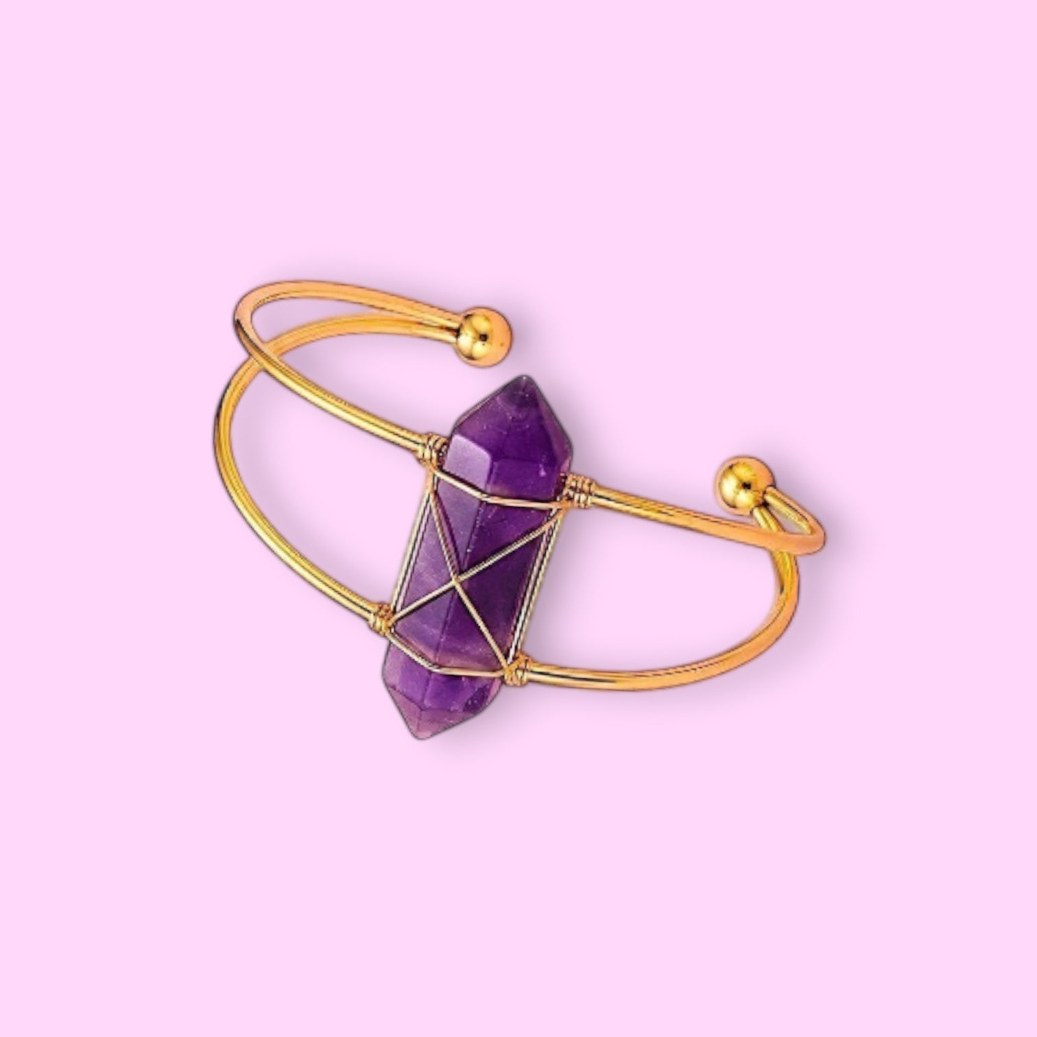 Ascendancy Gems Celestial Amethyst Collection bracelet with gold-tone wire wrapping a double-terminated amethyst crystal.