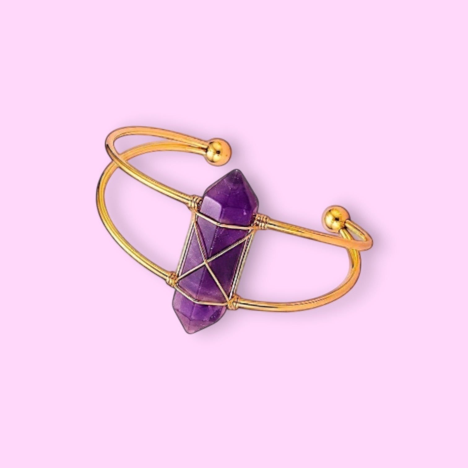 Ascendancy Gems Celestial Amethyst Collection bracelet with gold-tone wire wrapping a double-terminated amethyst crystal.