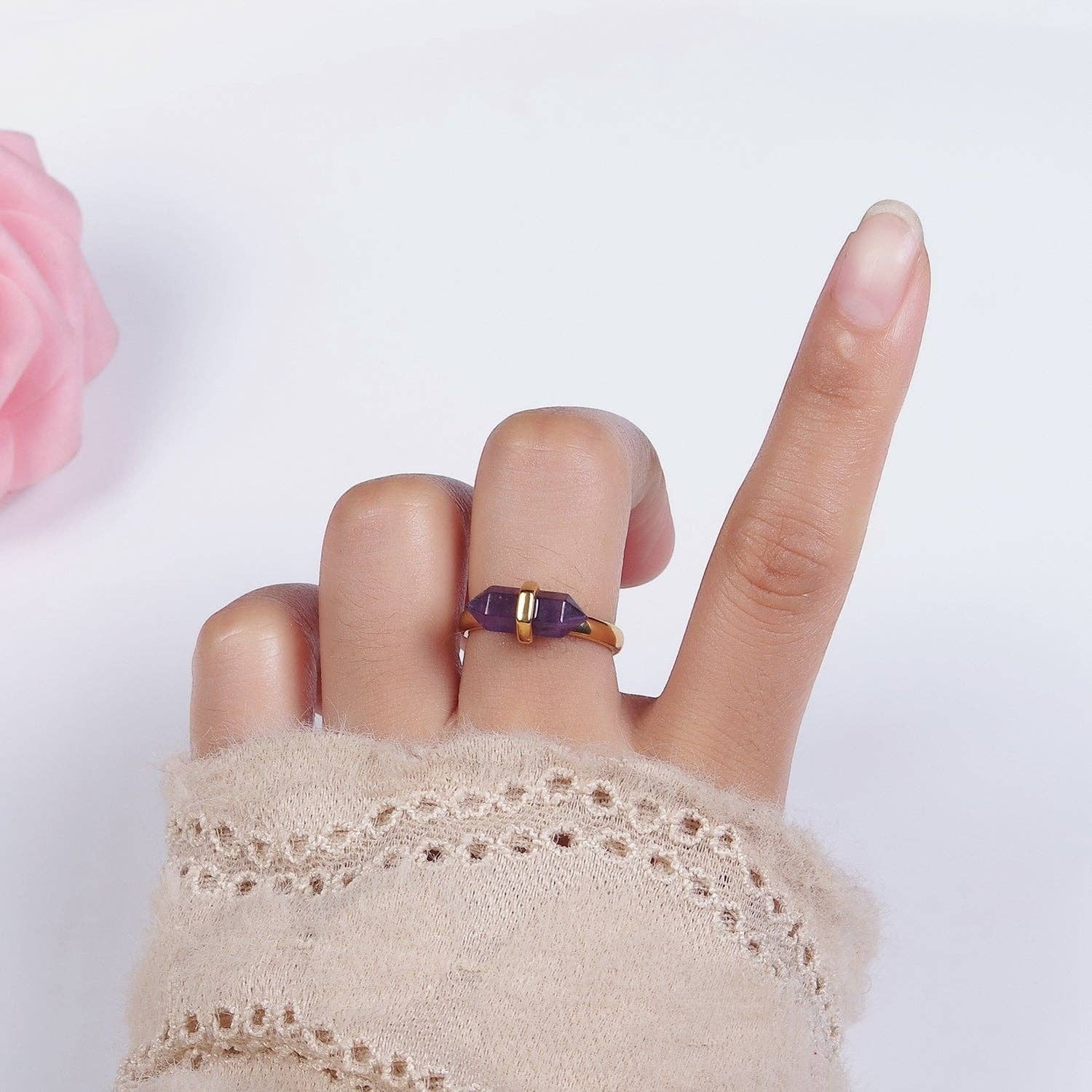 Ascendancy Gems Celestial Amethyst Ring with a raw purple amethyst gemstone set in a gold-tone band.
