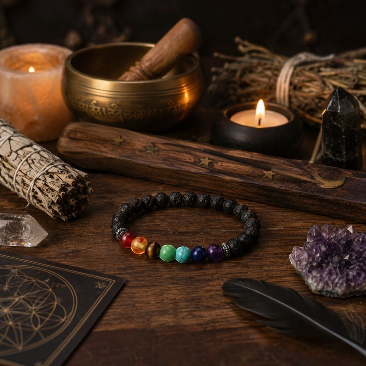 Ascendancy Gems Shakra Lava bead bracelet with 7 chakra gemstones and black lava stones. Ideal for aromatherapy and meditation.