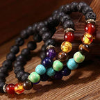 Ascendancy Gems Shakra Lava bead bracelets with natural black lava stone and colorful 7 chakra gemstones for aromatherapy and balance.