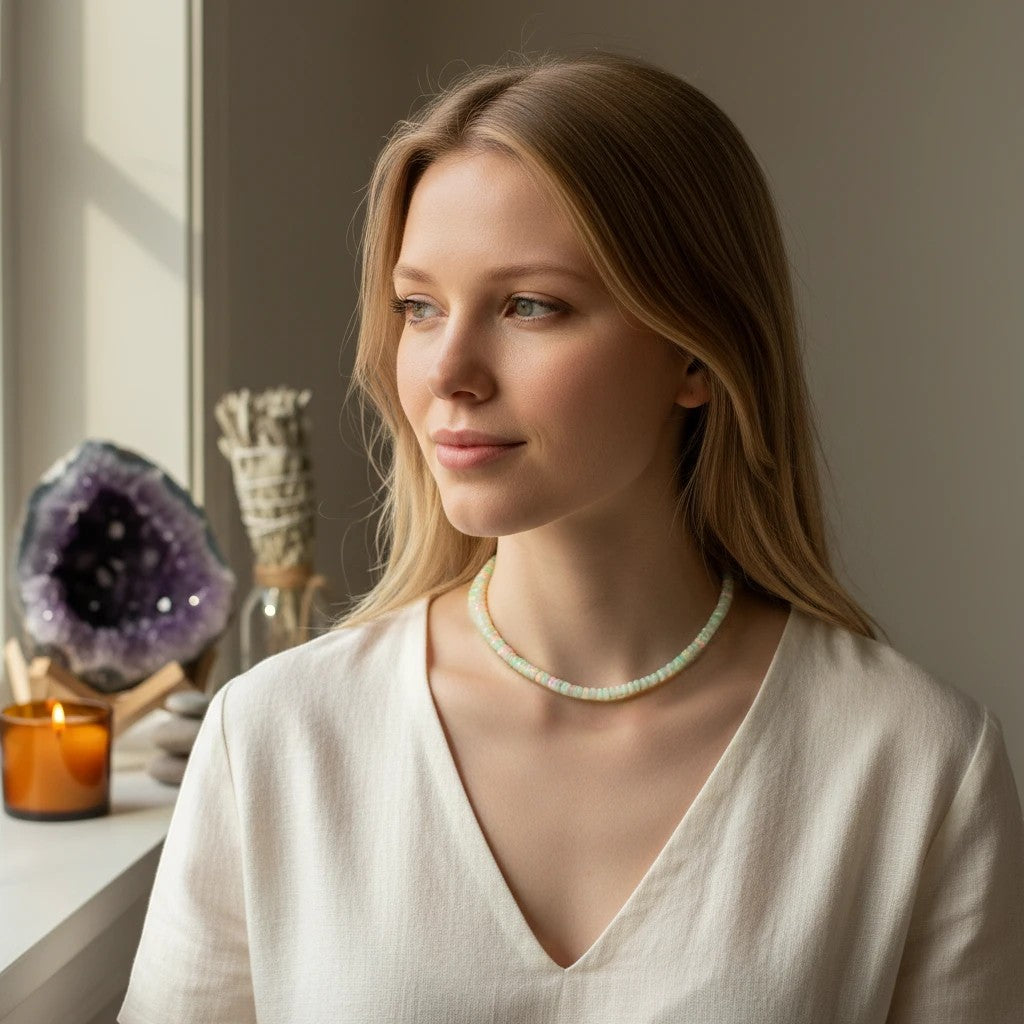 Ascendancy Gems Ethiopian fire opal beaded necklace worn by a woman in a white top with a soft, natural aesthetic.