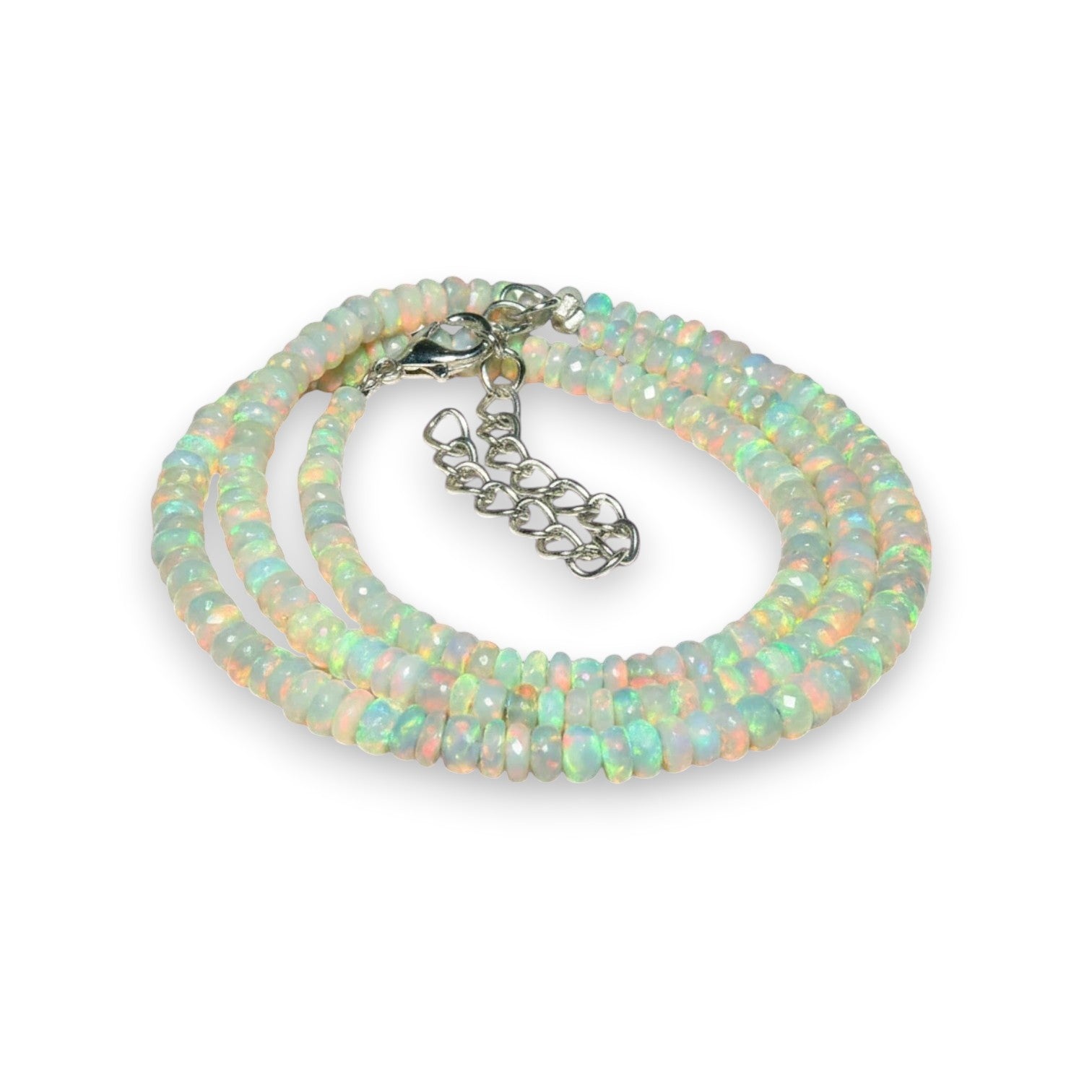 Ascendancy Gems handcrafted Ethiopian Welo fire opal bead necklace with rainbow play-of-color and adjustable chain.
