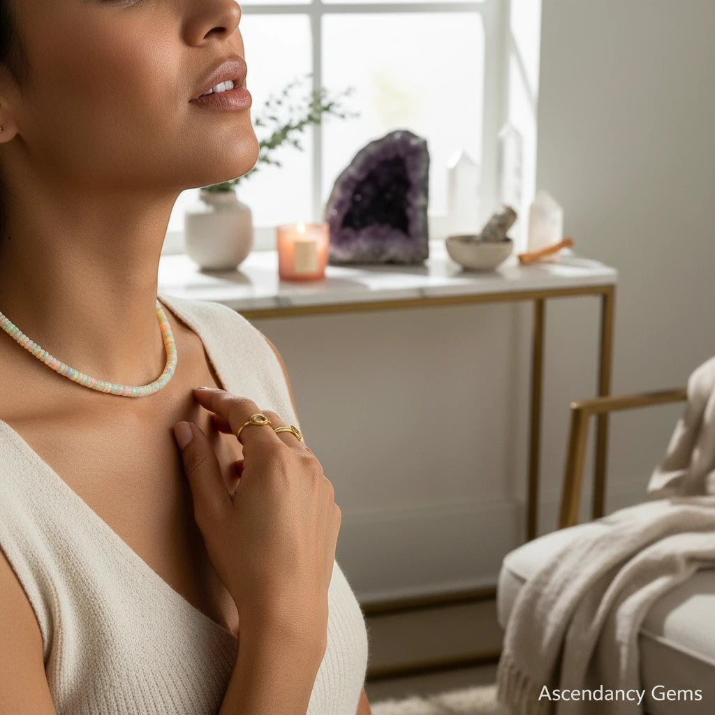 Ascendancy Gems Ethiopian fire opal bead necklace worn by a woman in a white top with a soft, sunlit home background.