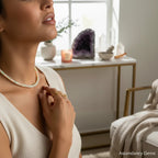 Ascendancy Gems Ethiopian fire opal bead necklace worn by a woman in a white top with a soft, sunlit home background.