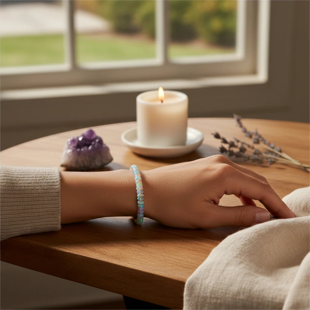 Ascendancy Gems Ethiopian Welo opal bead bracelet with rainbow fire on a woman's wrist, set on a wooden table.