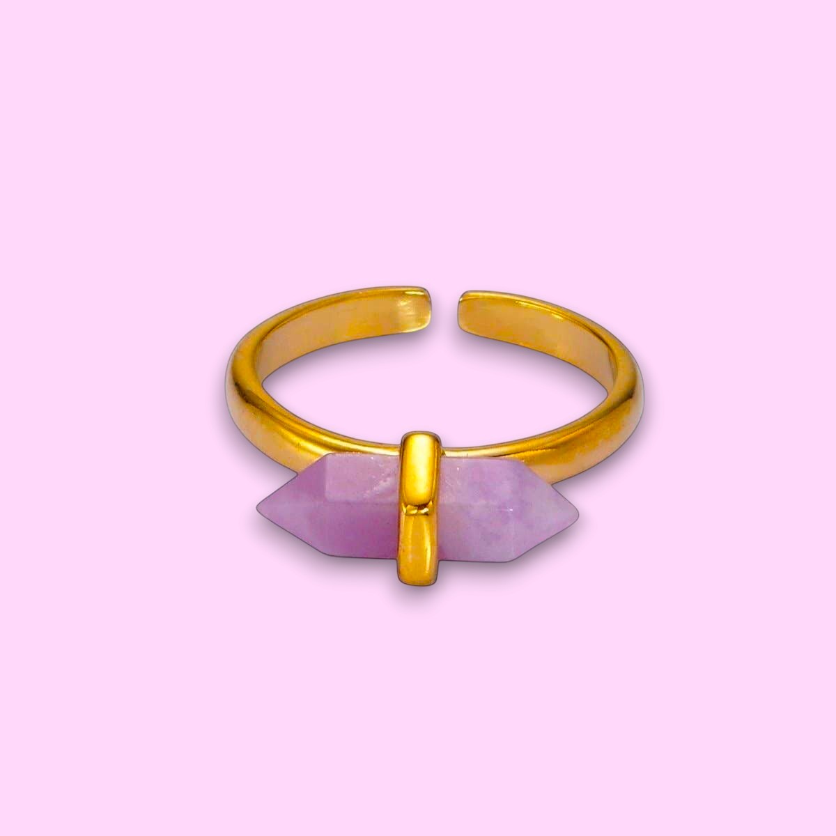 Ascendancy Gems gold-filled ring with a double-point lavender crystal wand. Adjustable band.