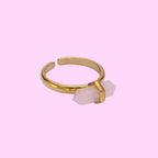 Ascendancy Gems gold-filled ring with a pink double-point crystal wand, adjustable band.