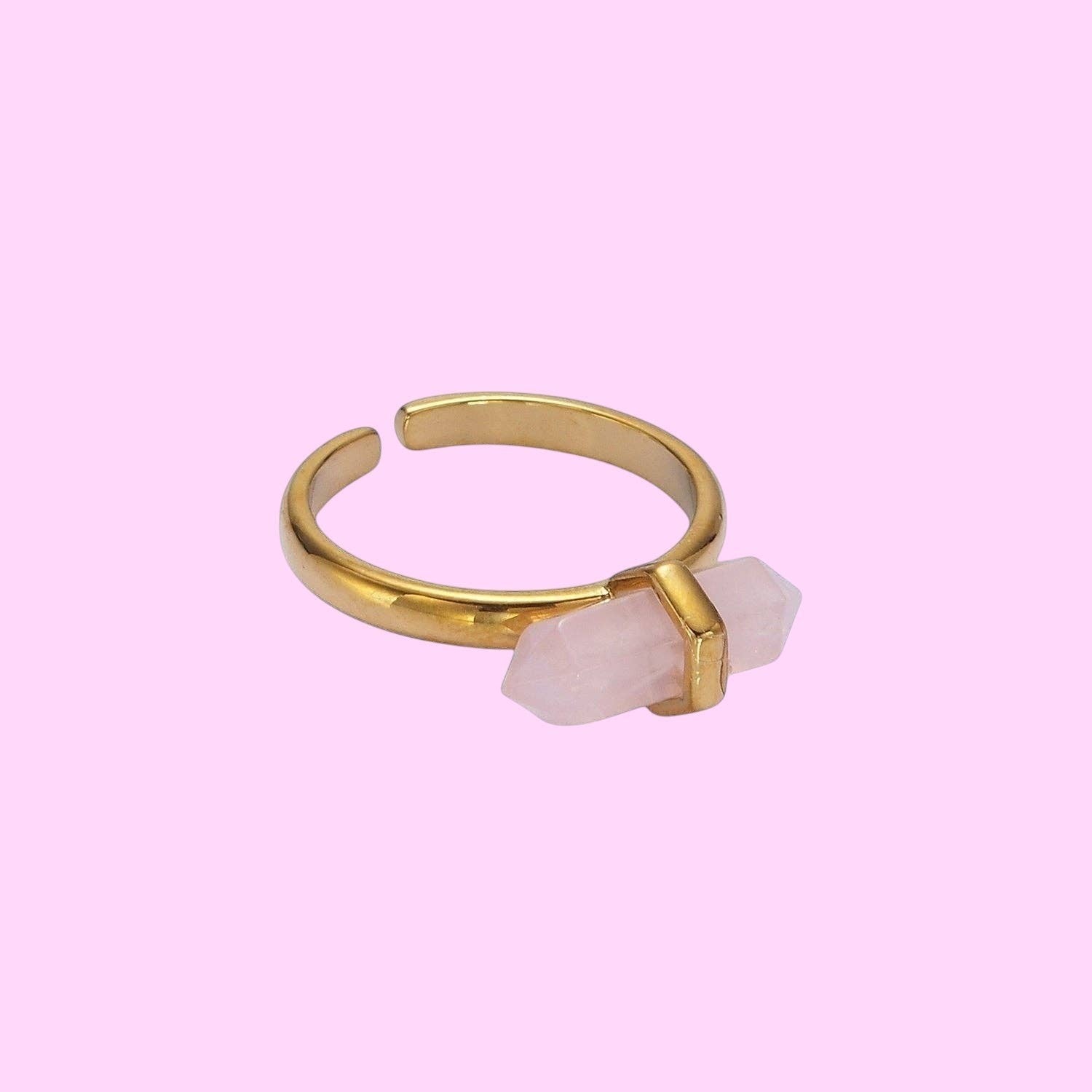 Ascendancy Gems gold-filled ring with a pink double-point crystal wand, adjustable band.