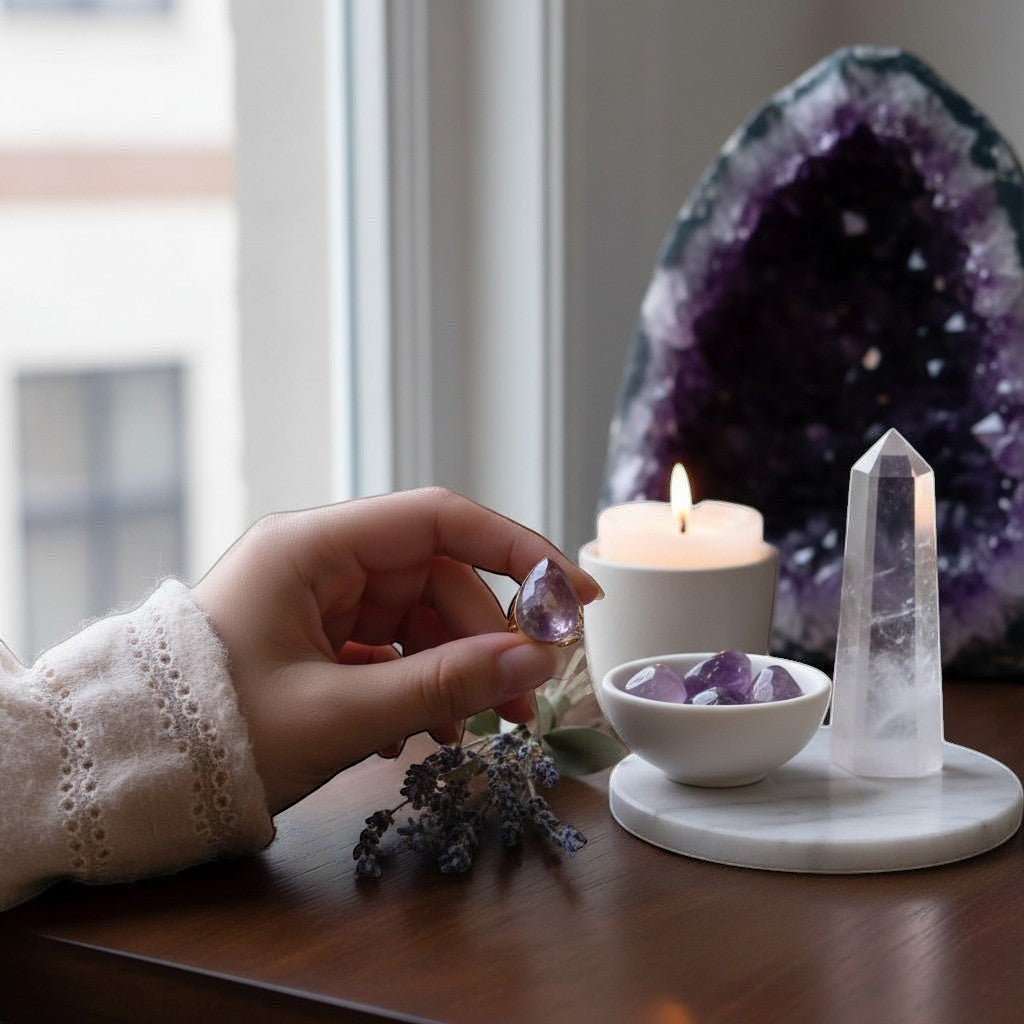 Ascendancy Gems gold-filled ring with a multifaceted teardrop amethyst gemstone. Elegant design for everyday wear.