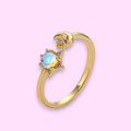 Ascendancy Gems gold plated sterling silver adjustable ring with moonstone center, star setting, and crescent moon accent.