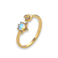 Ascendancy Gems gold plated sterling silver adjustable ring with moonstone center, star setting, and crescent moon accent.