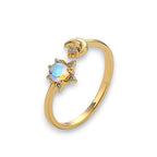 Ascendancy Gems gold plated sterling silver adjustable ring with moonstone center, star setting, and crescent moon accent.