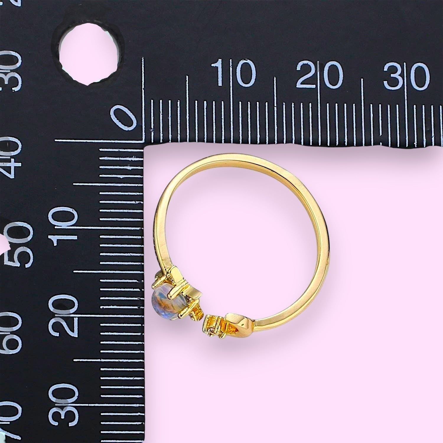 Ascendancy Gems gold plated sterling silver adjustable ring with moonstone and crescent moon design.
