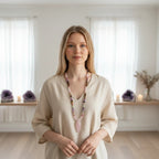 Woman wearing an Ascendancy Gems mala necklace with Tiger Eye, Amethyst, Rose Quartz, and Rhodonite beads and pendant.