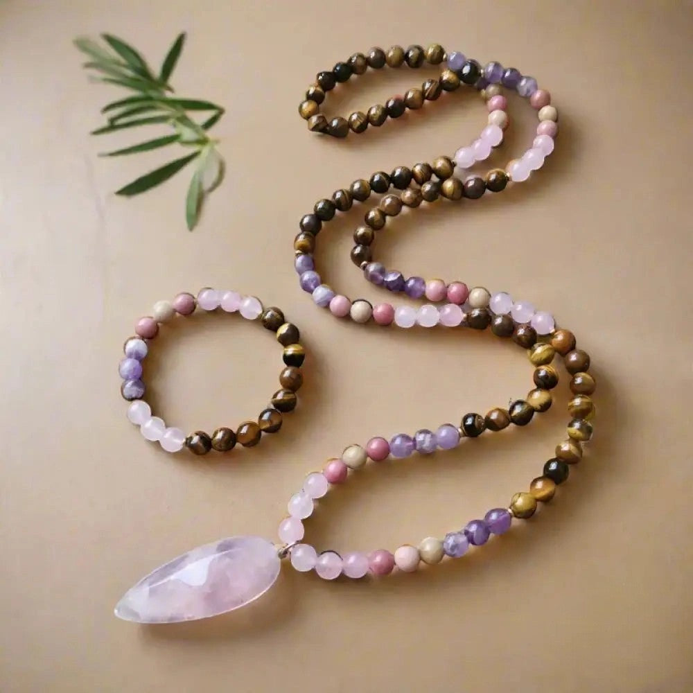 Ascendancy Gems mala necklace and bracelet set with Tiger Eye, Amethyst, Rose Quartz, and Rhodonite beads.