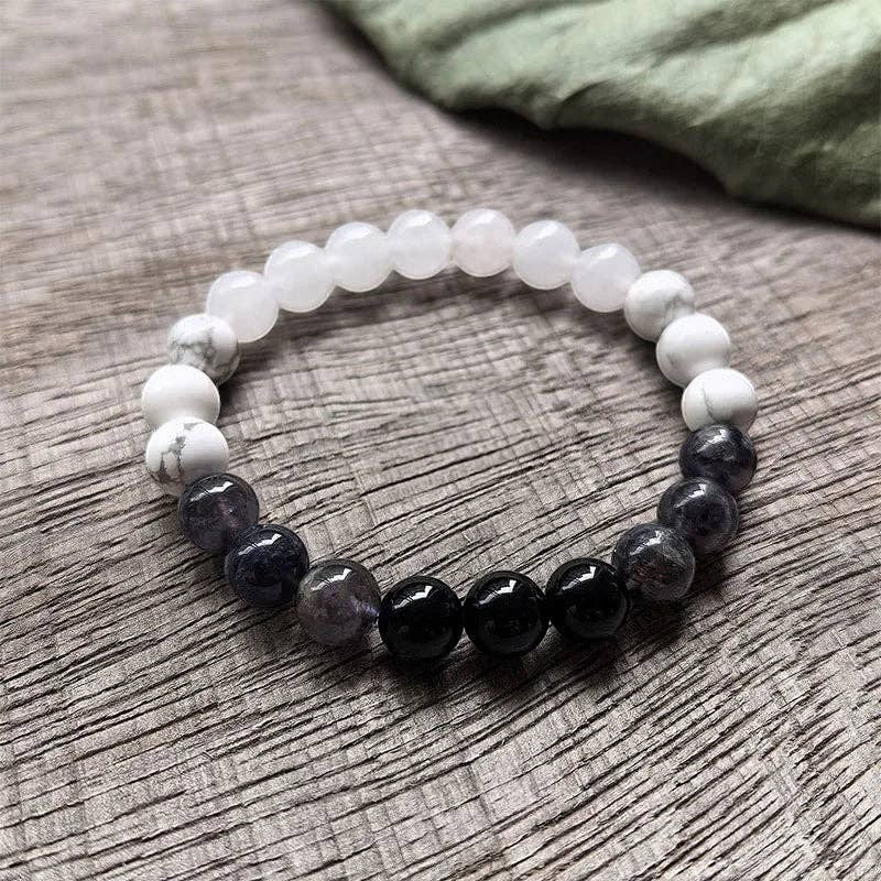 Ascendancy Gems Awakening Mala Set: White Howlite, Black Onyx, and White Quartz beaded bracelet.