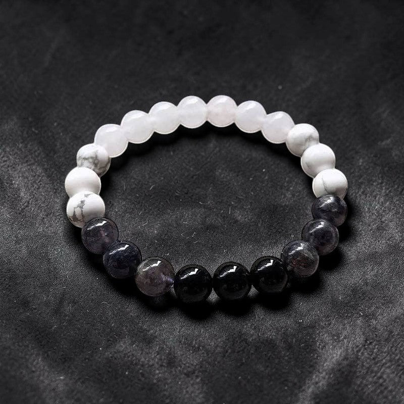 Ascendancy Gems Awakening Mala Set: White Howlite, Black Onyx, and White Quartz beaded bracelet.