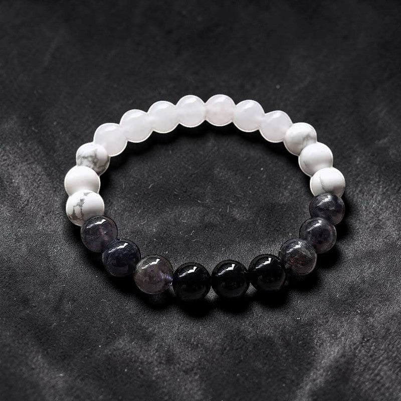 Ascendancy Gems Awakening Mala Set: White Howlite, Black Onyx, and White Quartz beaded bracelet.