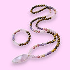 Ascendancy Gems mala necklace and bracelet set with Tiger Eye, Amethyst, Rose Quartz, and Rhodonite beads.