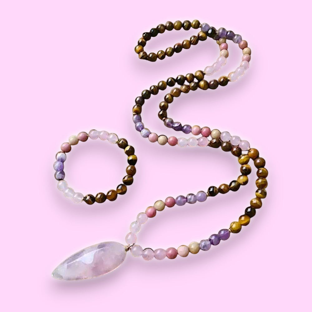 Ascendancy Gems mala necklace and bracelet set with Tiger Eye, Amethyst, Rose Quartz, and Rhodonite beads.