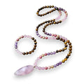 Ascendancy Gems mala necklace and bracelet set with Tiger Eye, Amethyst, Rose Quartz, and Rhodonite beads.