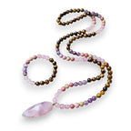 Ascendancy Gems mala necklace and bracelet set with Tiger Eye, Amethyst, Rose Quartz, and Rhodonite beads.