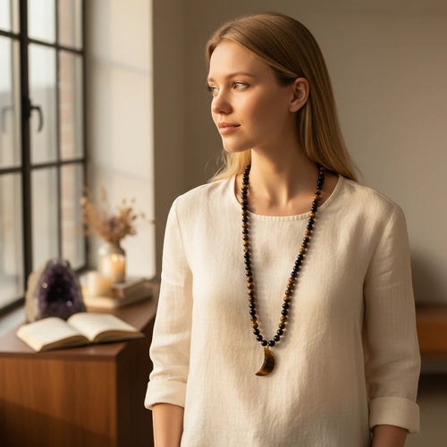 Woman wearing Ascendancy Gems mala necklace with black onyx, tiger eye beads, and a carved tiger eye moon pendant.