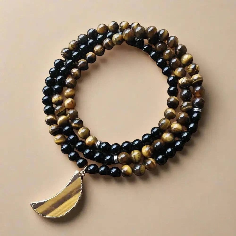 Ascendancy Gems mala necklace and bracelet set with black onyx and tiger eye beads and a tiger eye moon pendant.