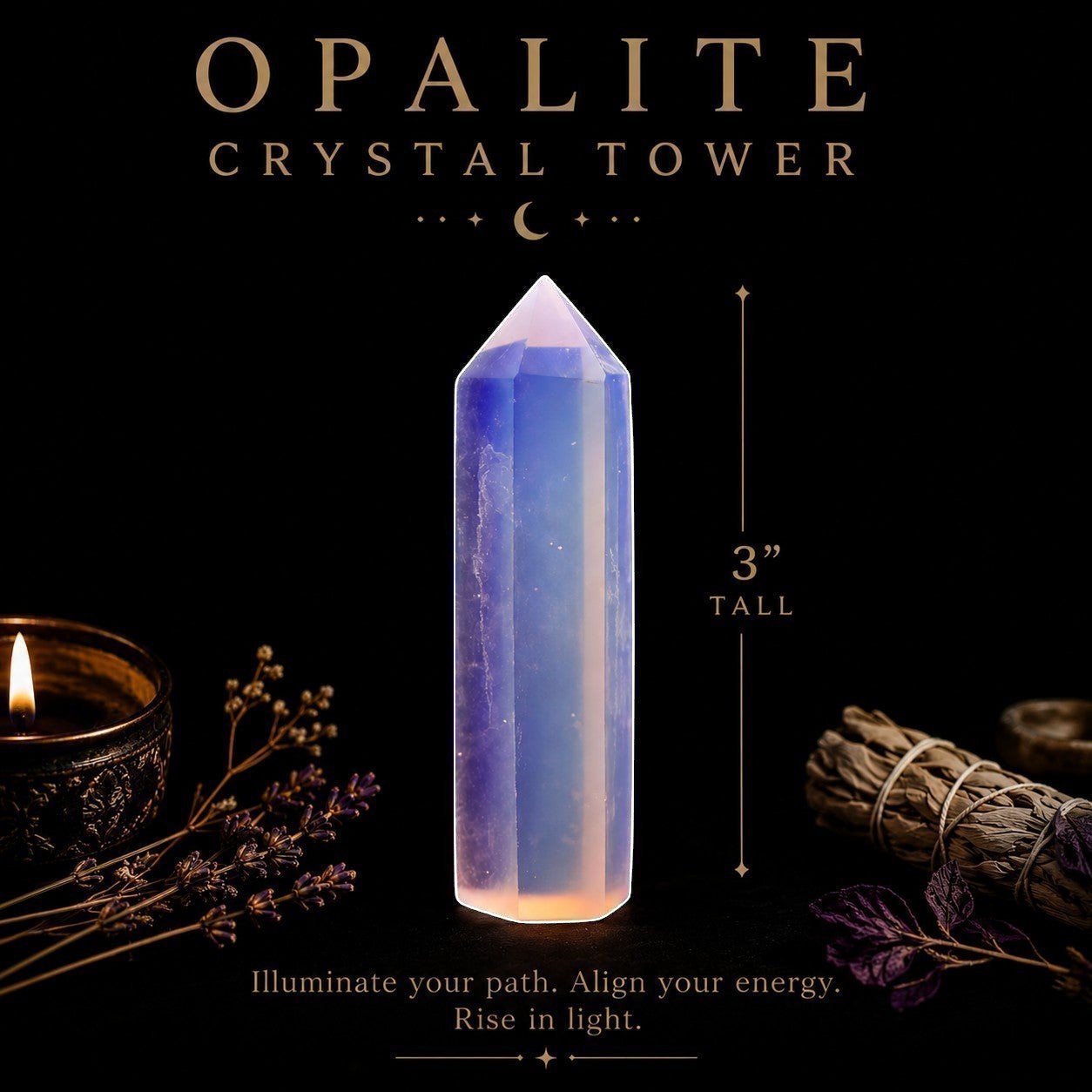 Ascendancy Gems polished Opalite crystal tower, 3" tall, with luminous blue and peach tones, perfect for meditation and decor.