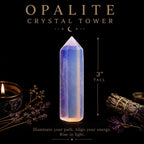 Ascendancy Gems polished Opalite crystal tower, 3" tall, with luminous blue and peach tones, perfect for meditation and decor.