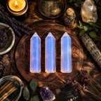 Ascendancy Gems Opalite crystal towers, 3" polished obelisks with a luminous glow, perfect for meditation and decor.