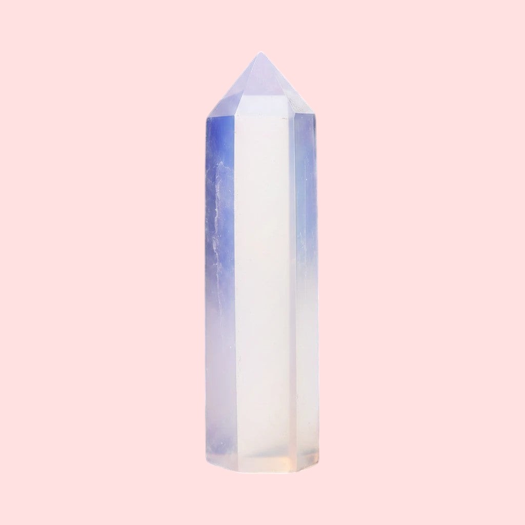 Ascendancy Gems polished opalite crystal tower, 3" obelisk with blue and peach tones, smooth finish, ideal for decor and meditation.
