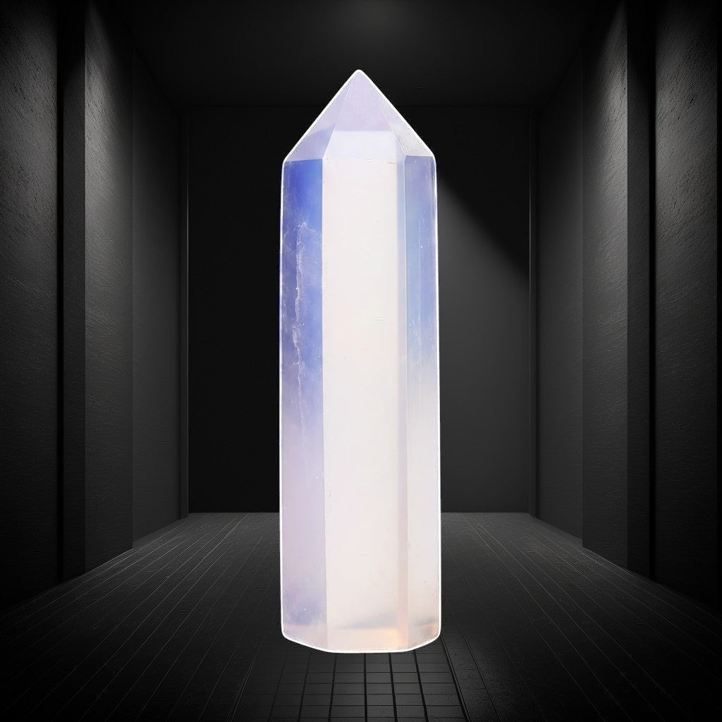 Ascendancy Gems polished opalite crystal tower, 3", luminous with blue and peach tones, obelisk shape for meditation and decor.