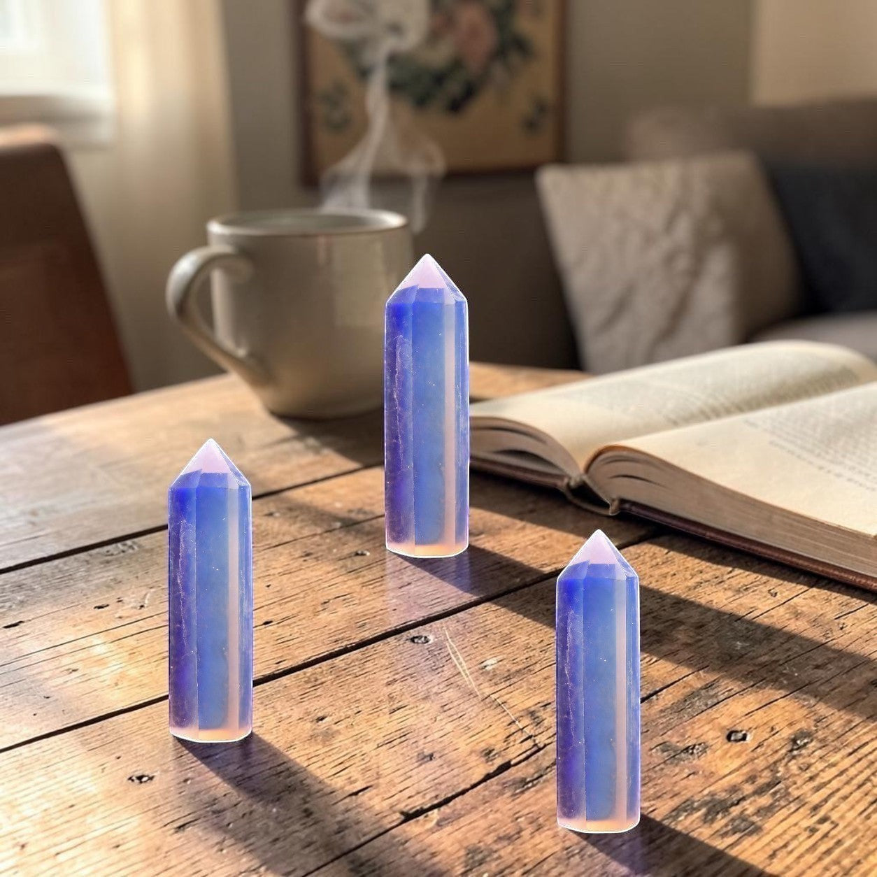 Ascendancy Gems polished opalite crystal tower, 3", luminous blue and peach tones, obelisk shape, for meditation and decor.