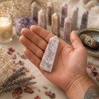Ascendancy Gems Natural Pink Floral Agate Tower with unique flower-like inclusions and blush pink tones.