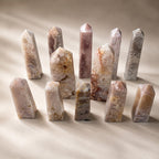 Ascendancy Gems Natural Pink Floral Agate Towers with flower-like inclusions and blush pink tones.