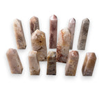 Ascendancy Gems Natural Pink Floral Agate Towers with flower-like inclusions and blush pink tones.