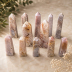 Ascendancy Gems Natural Pink Floral Agate Towers with unique flower-like inclusions and blush pink tones.