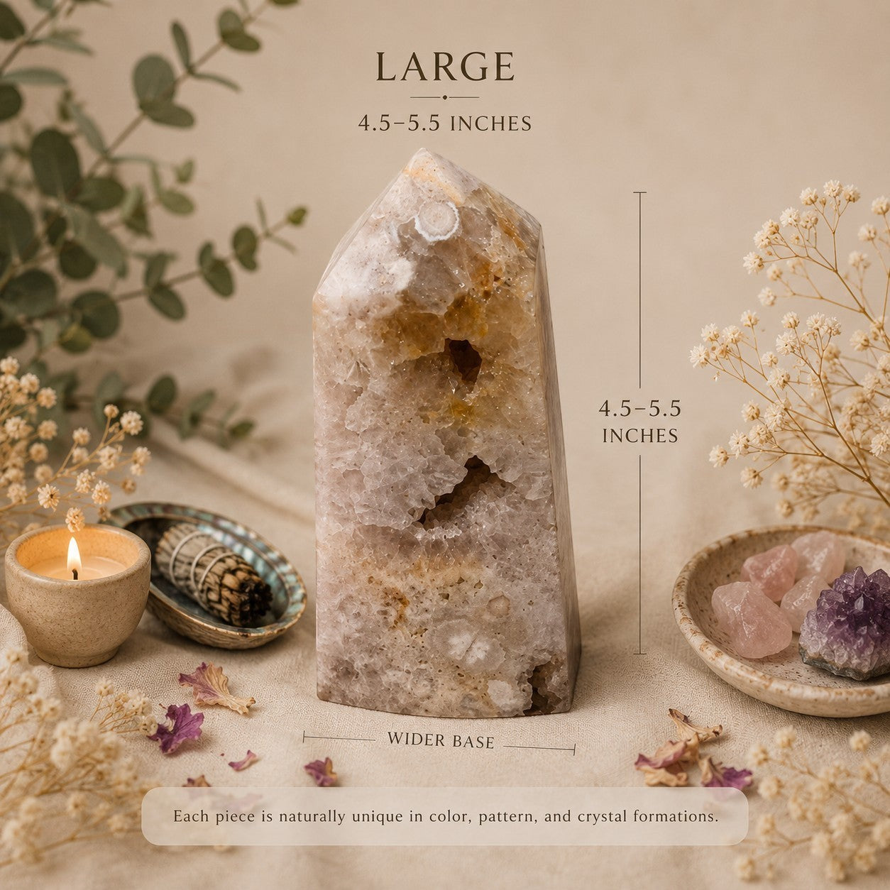 Ascendancy Gems large natural pink floral agate tower with geode cavity, blush pink and cream tones, unique flower inclusions.
